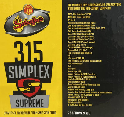 Schaeffer's 315 Simplex Supreme Tractor Hydraulic Fluid 5 Gallon Pail