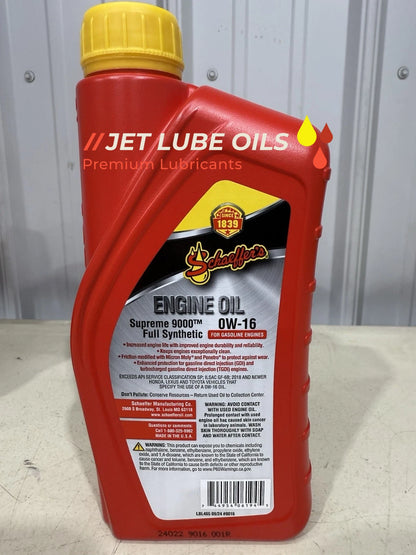 Schaeffer's 9016 0W-16 Supreme Full Synthetic Engine Oil 12 Quarts